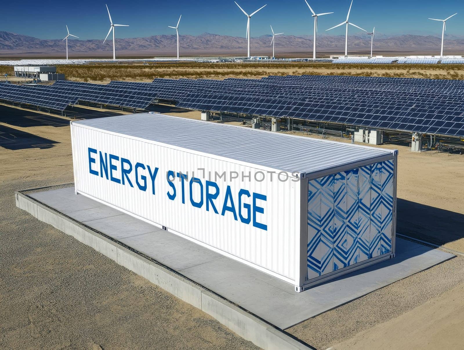 Concept of Modern energy storage batteries system, wind power, wind turbines and Li-ion battery container, and solar panels in the background. Panoramic view with copy space..