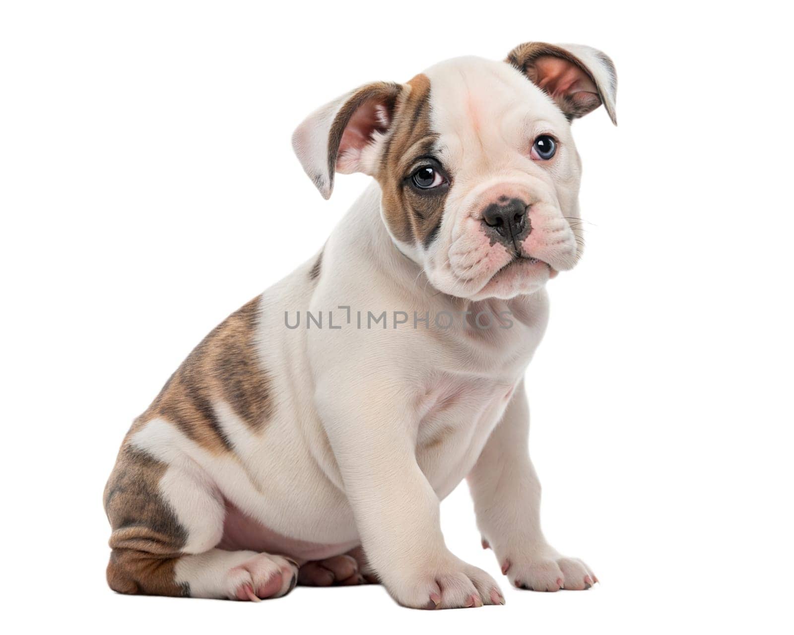 English bulldog puppy isolated on white background. English bulldog puppy sitting and looking at camera on white. Ai generated