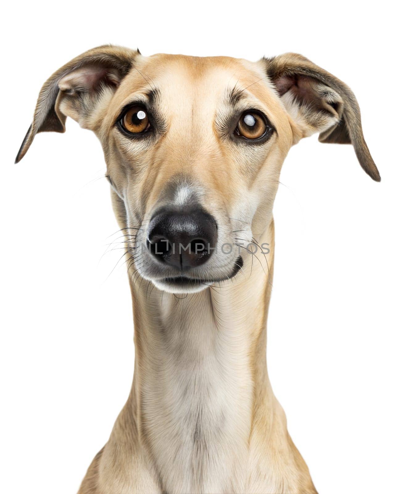 Arabian Sloughi portrait looking at camera isolated on white background. Arabian Sloughi headshot on white background. Ai generated image
