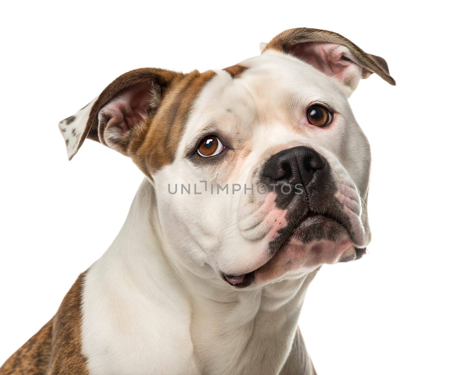 English bulldog portrait looking at camera isolated on white background. English bulldog headshot on white background. Ai generated