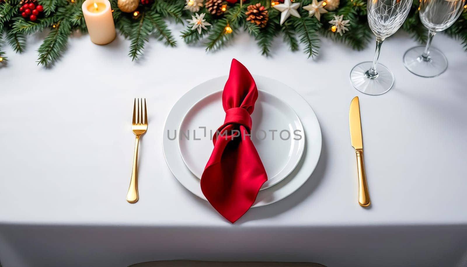 Elegant festive Christmas table setting on white tablecloth with Christmas decor. AI generated.