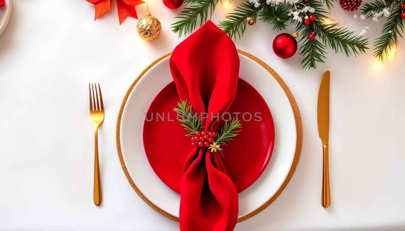 Elegant festive Christmas table setting on white tablecloth with Christmas decor. AI generated.