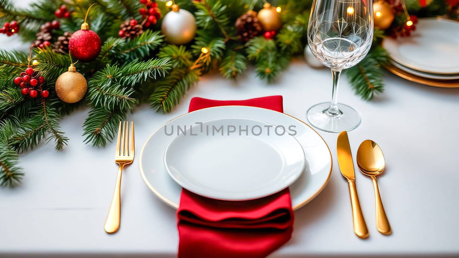 Elegant festive Christmas table setting on white tablecloth with Christmas decor. AI generated.