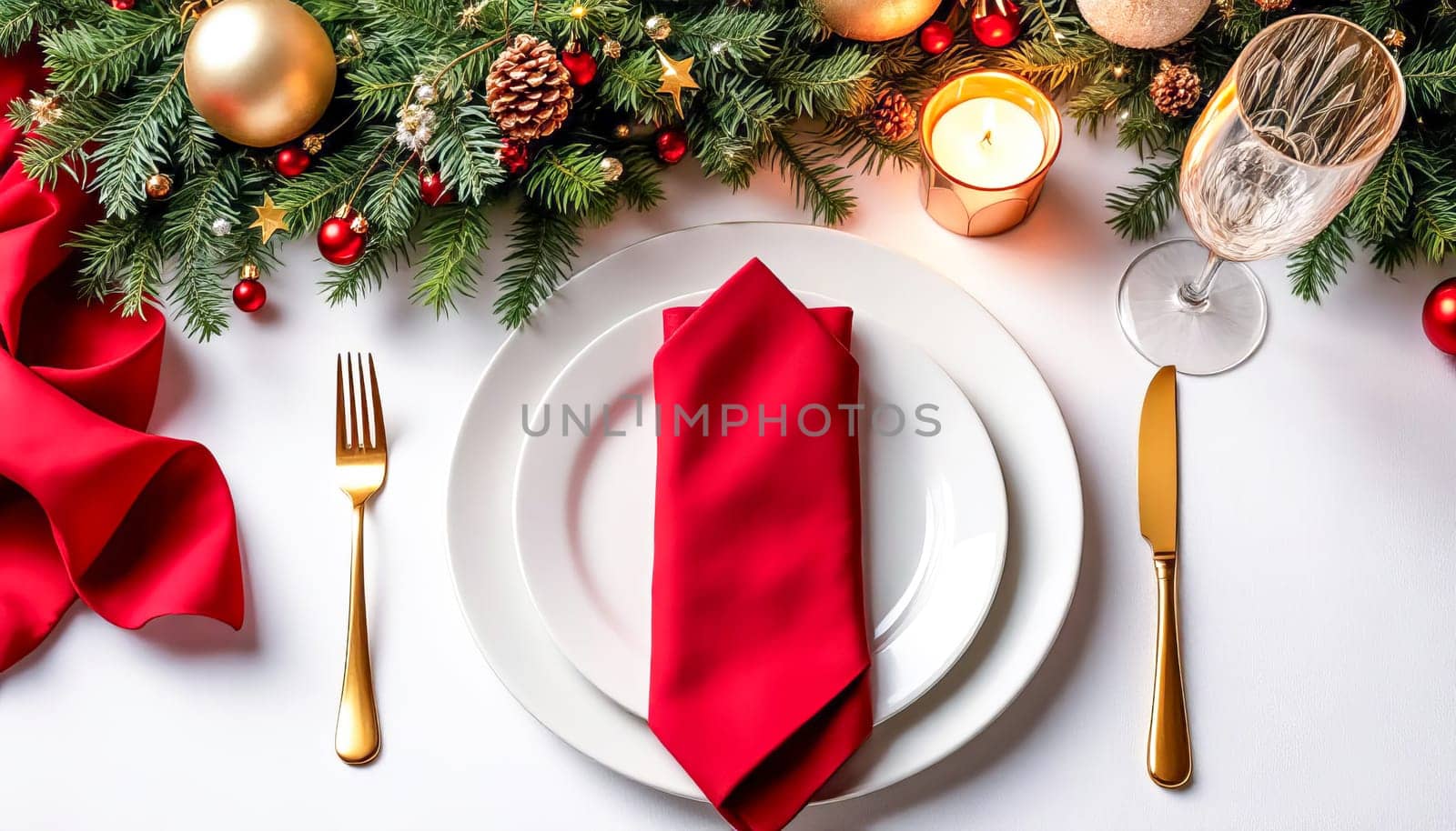 Elegant festive Christmas table setting on white tablecloth with Christmas decor. AI generated.