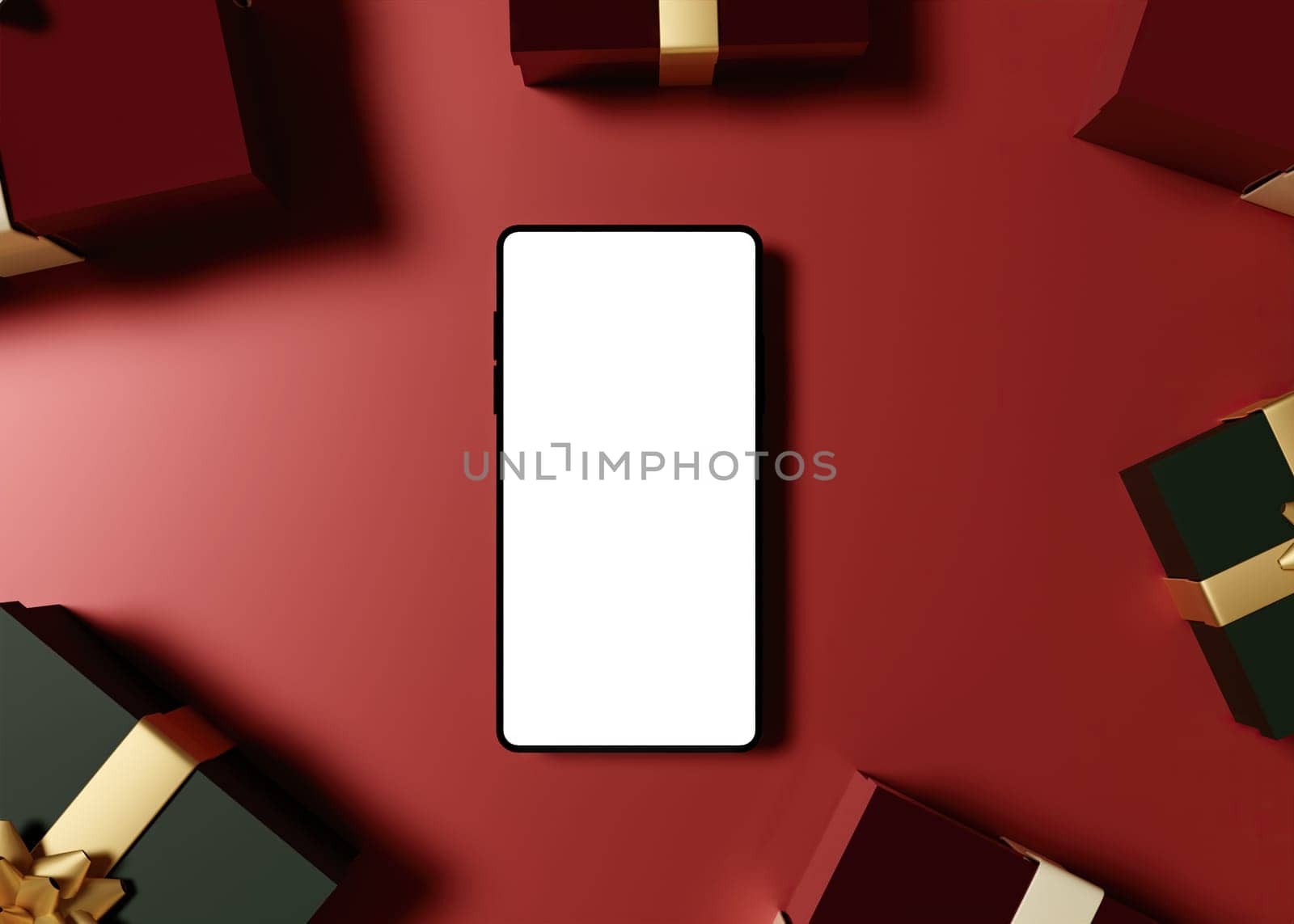 Minimalist smartphone mockup surrounded by elegantly wrapped gift boxes on a red backdrop, ideal for festive advertisement designs.