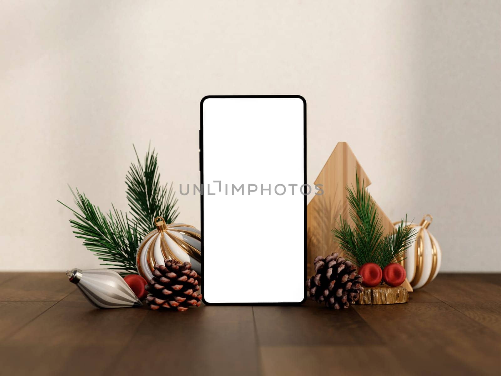 Smartphone mockup surrounded by pinecones, festive season ornaments and wooden Christmas decorations, suitable for holiday-themed designs.
