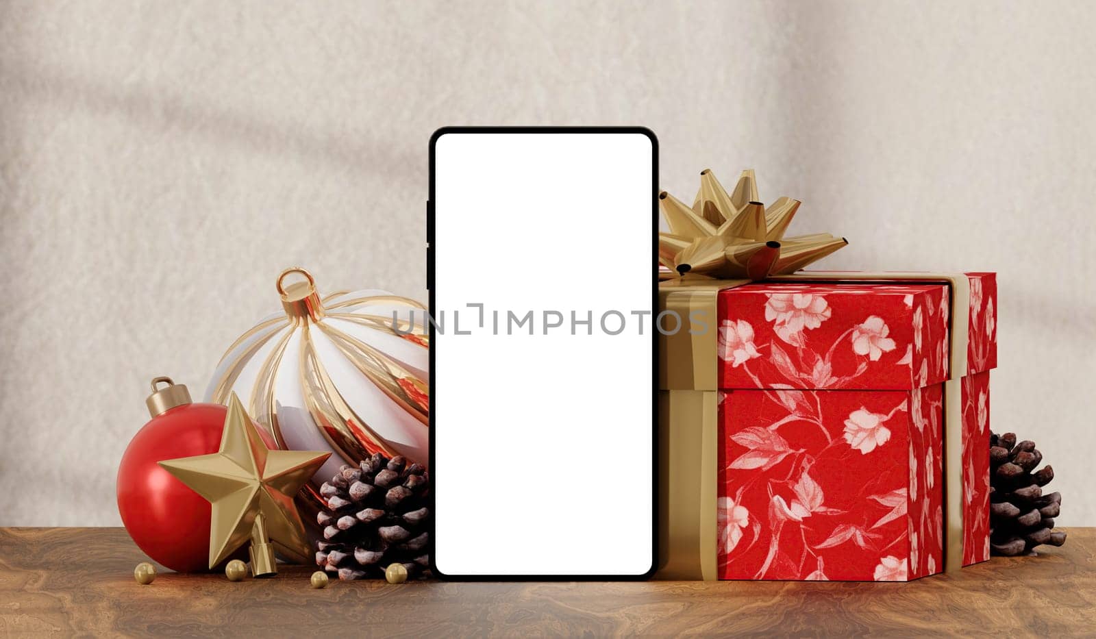 Smartphone mockup amidst decorative holiday gifts and star ornaments, ideal for cheerful Christmas marketing materials.