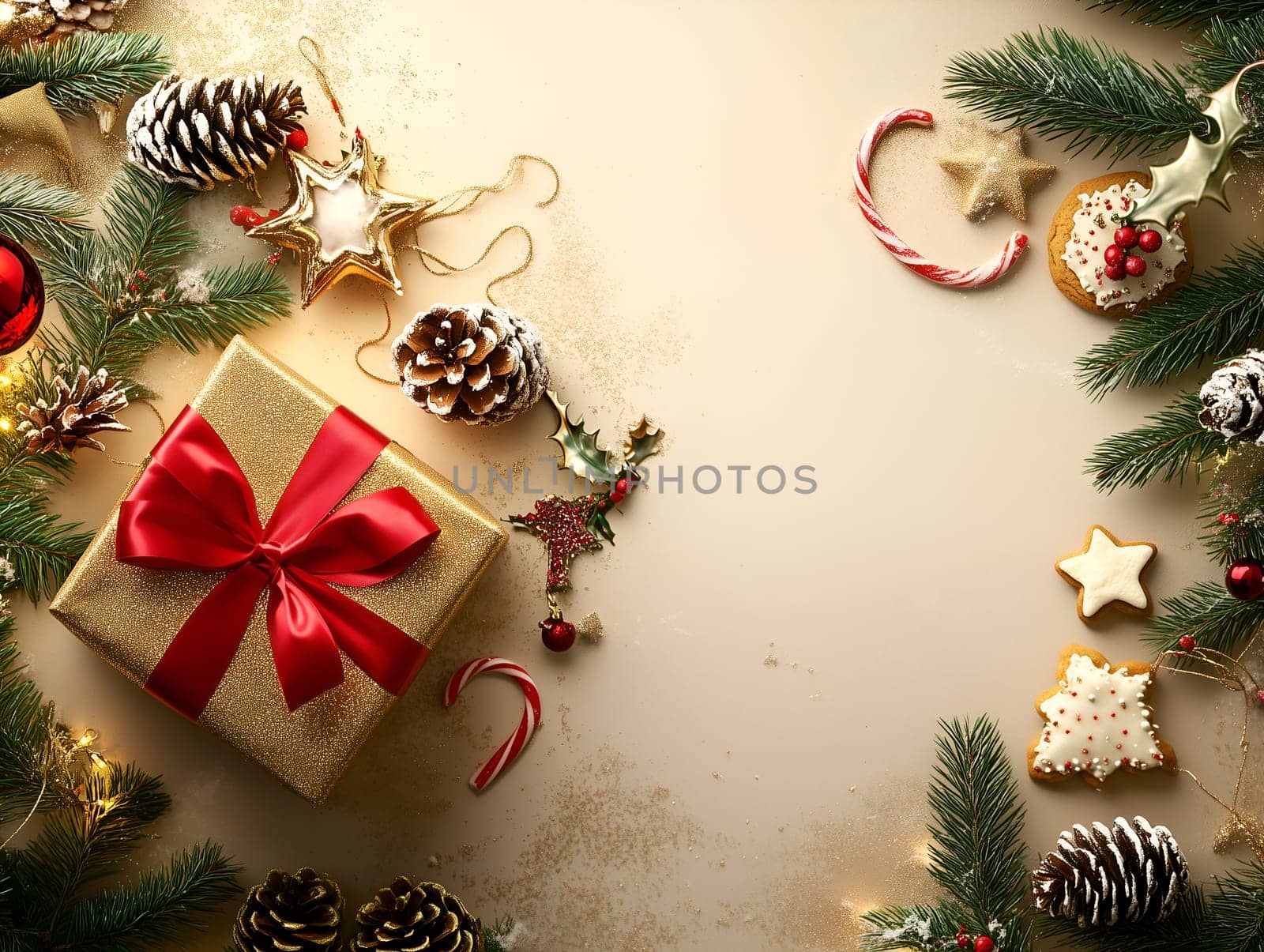 A festive scene featuring a golden gift box with a red ribbon, surrounded by pine cones, candy canes, gingerbread cookies, and Christmas ornaments. Green pine branches frame the image.