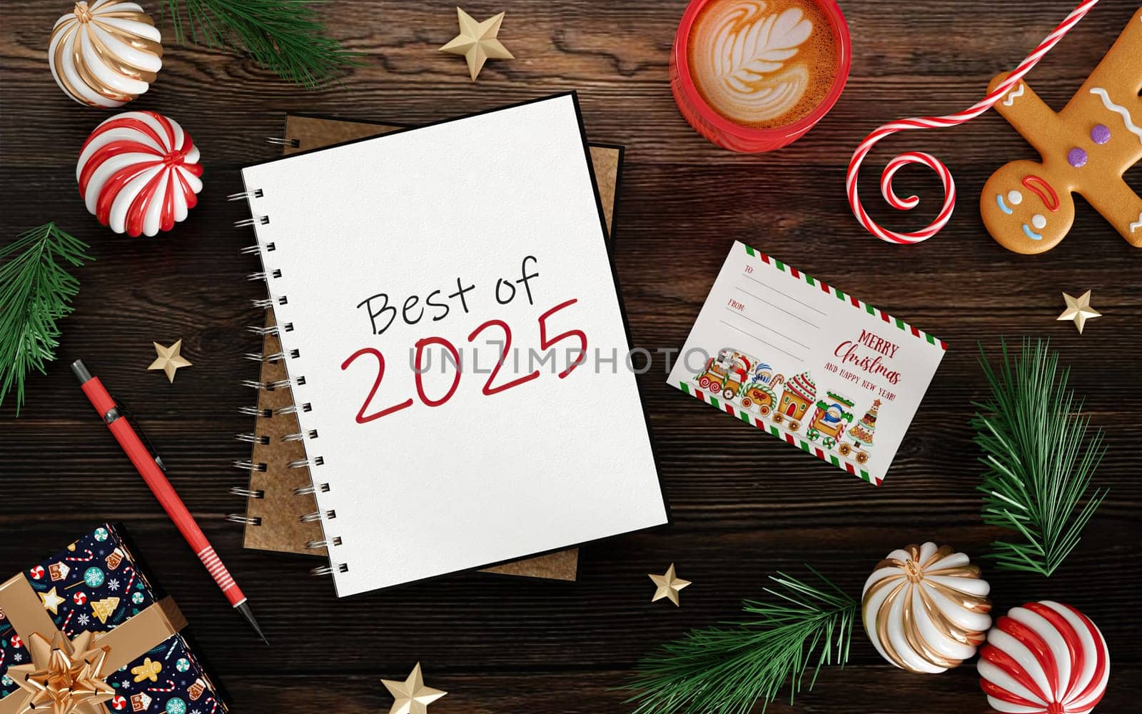 Top-down view of a Best of 2025 notebook with holiday card and festive treats, ideal for end-of-year themed visuals.