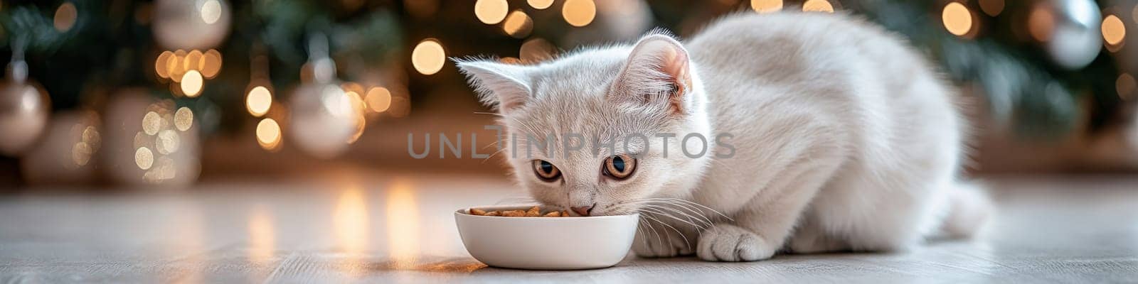 Adorable white kitten eats food from ceramic bowl with Christmas tree lights, copy space.