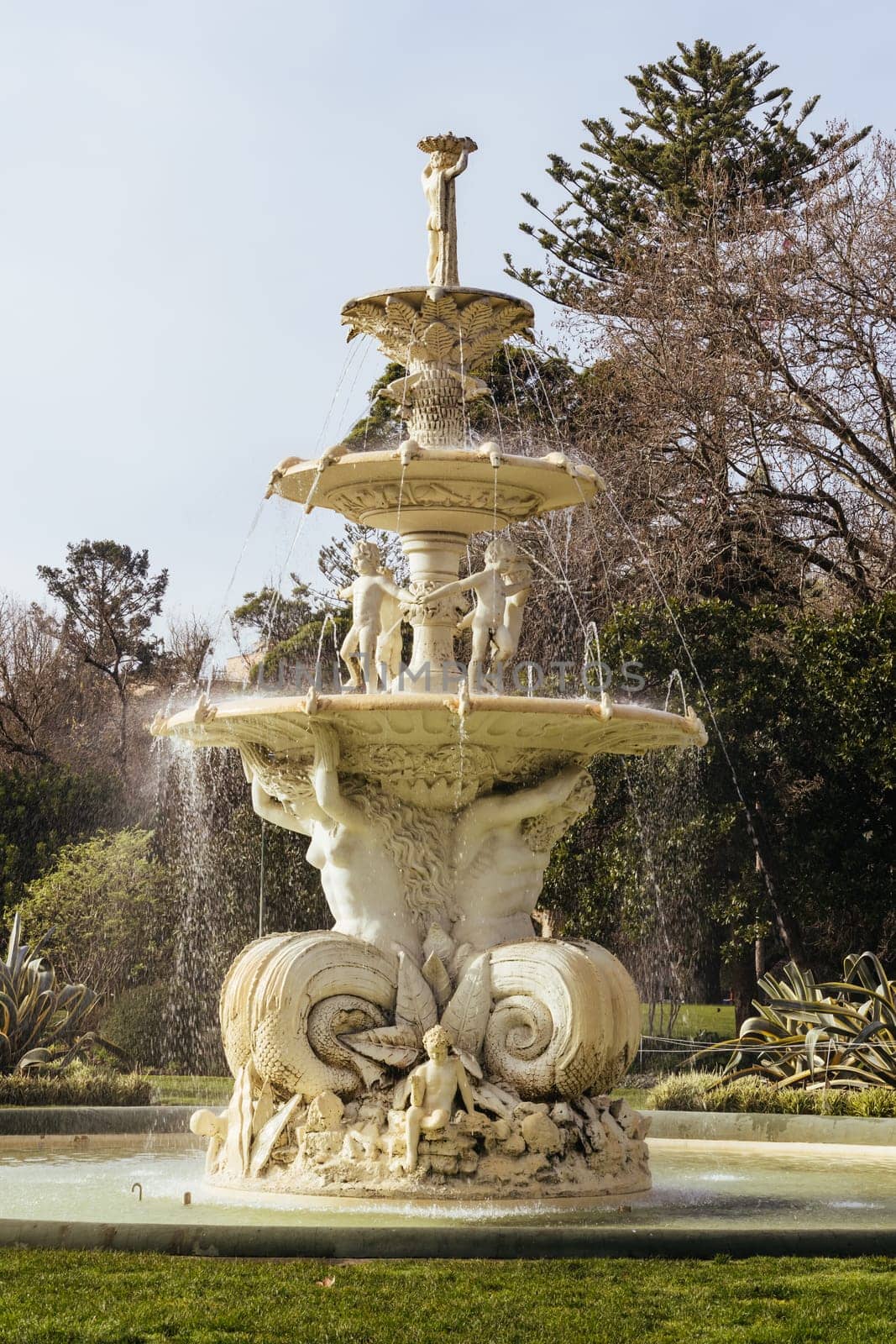 MELBOURNE, AUSTRALIA - AUGUST 1, 2024: Exhibition Fountain detail in Carlton Gardens on a clear sunny winter's day in Melbourne Australia