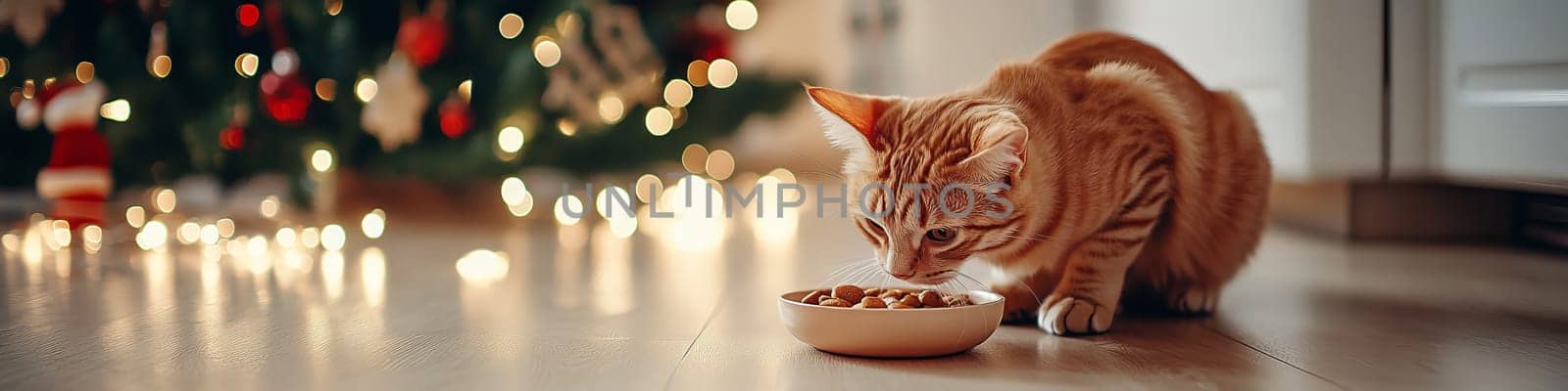Ginger cat eats dry food from bowl with Christmas tree in background, cozy home atmosphere