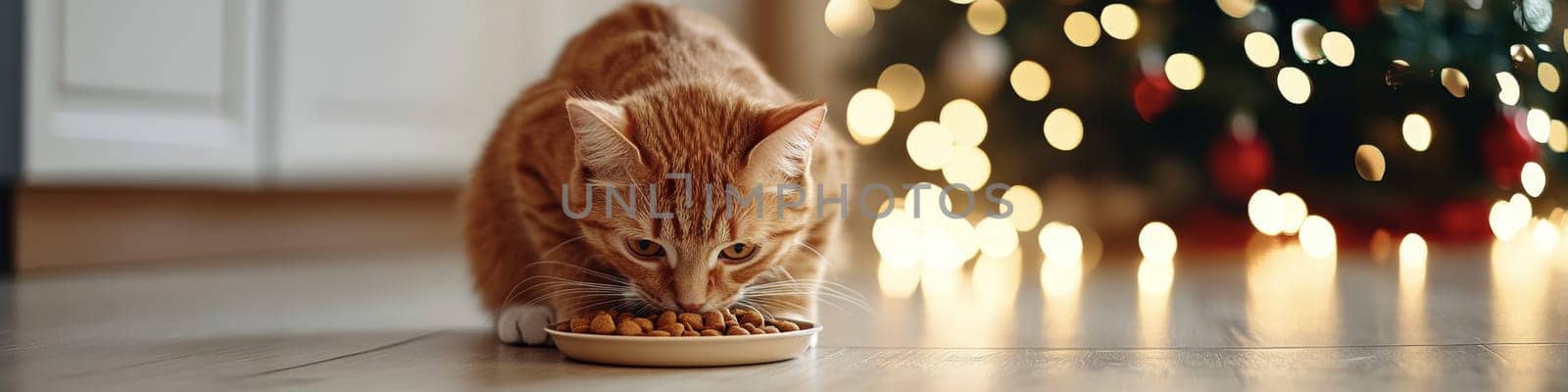 Close-up of Ginger Cat Eating from Bowl with Blurry Christmas Tree Background. Banner.
