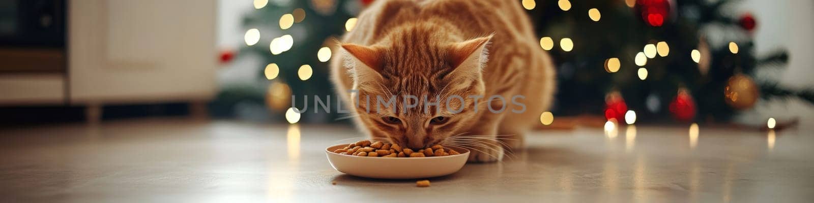 Ginger Cat Enjoys a Festive Meal by the Sparkling Christmas Tree, Holiday Pet Indulgence.