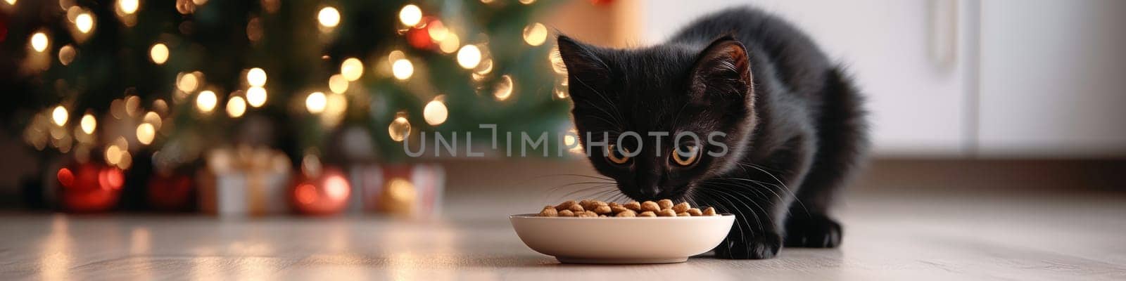 Adorable Black Cat Enjoys Christmas Dinner Festive Home Interior with a Focus on Pet Nutrition