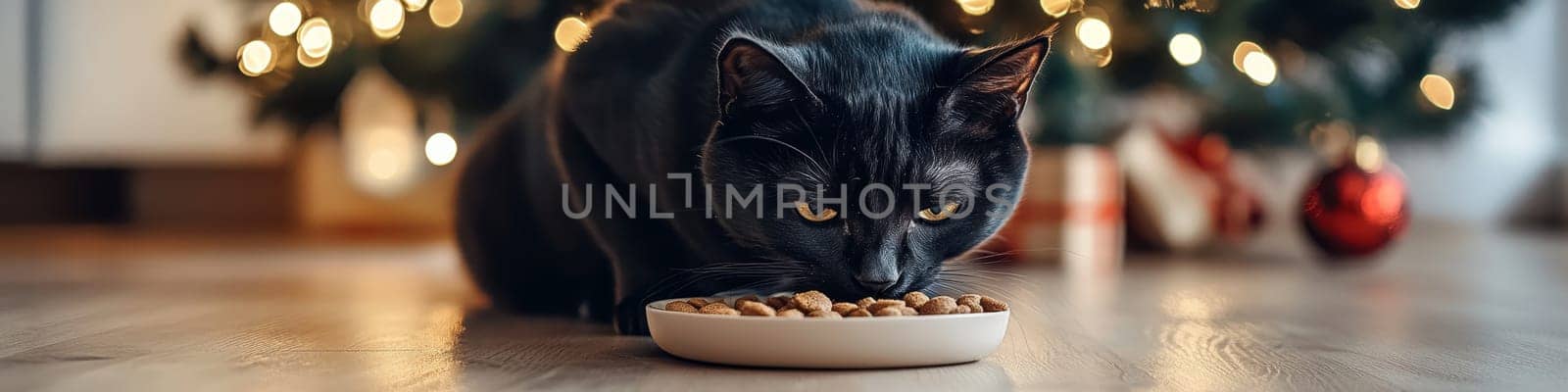 Black Cat Enjoys a Festive Meal near Glowing Christmas Tree A Heartwarming Holiday Pet Scene