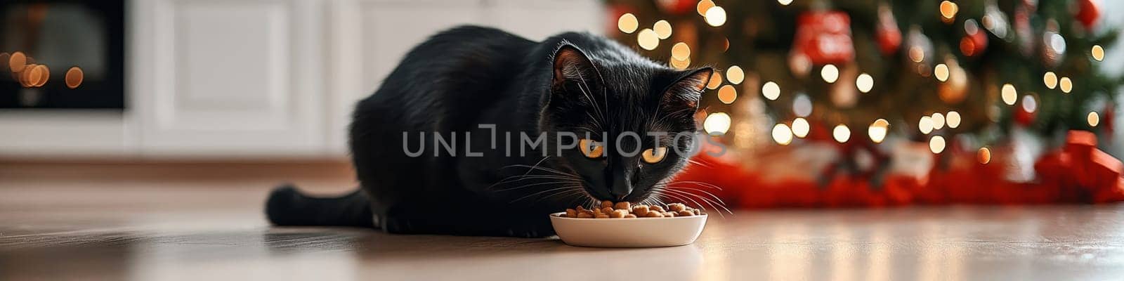 Black Cat Eating From a Bowl on the Kitchen Floor with a Christmas Tree in the Background