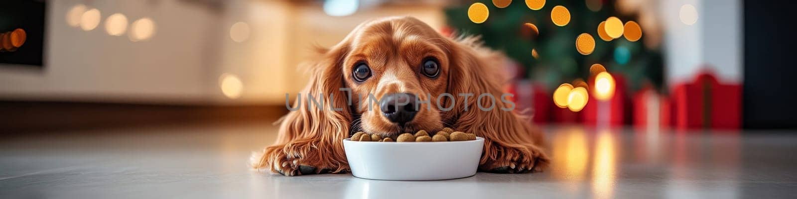 Cute Cocker Spaniel Enjoys Christmas Dinner, Dog Eating Food from Bowl with Festive Tree Background