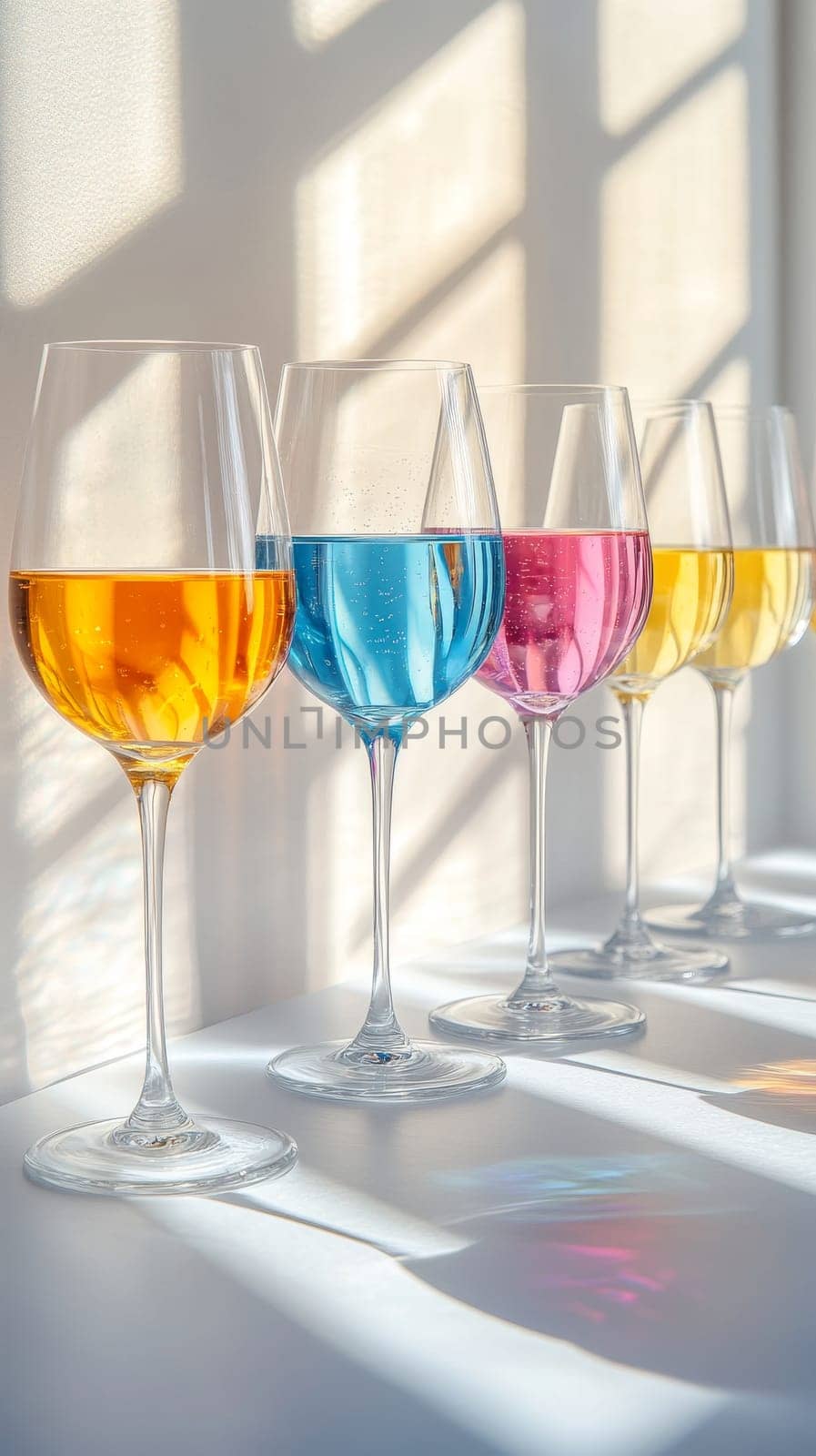 Four Colorful Cocktails in Sleek Wine Glasses, Sunlight Casting Shadows on a White Table