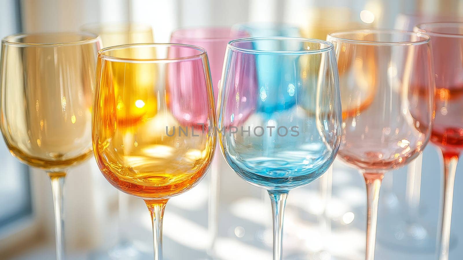 Set of Empty Colorful Transparent Wine Glasses on a Blurred Background With Light Reflections