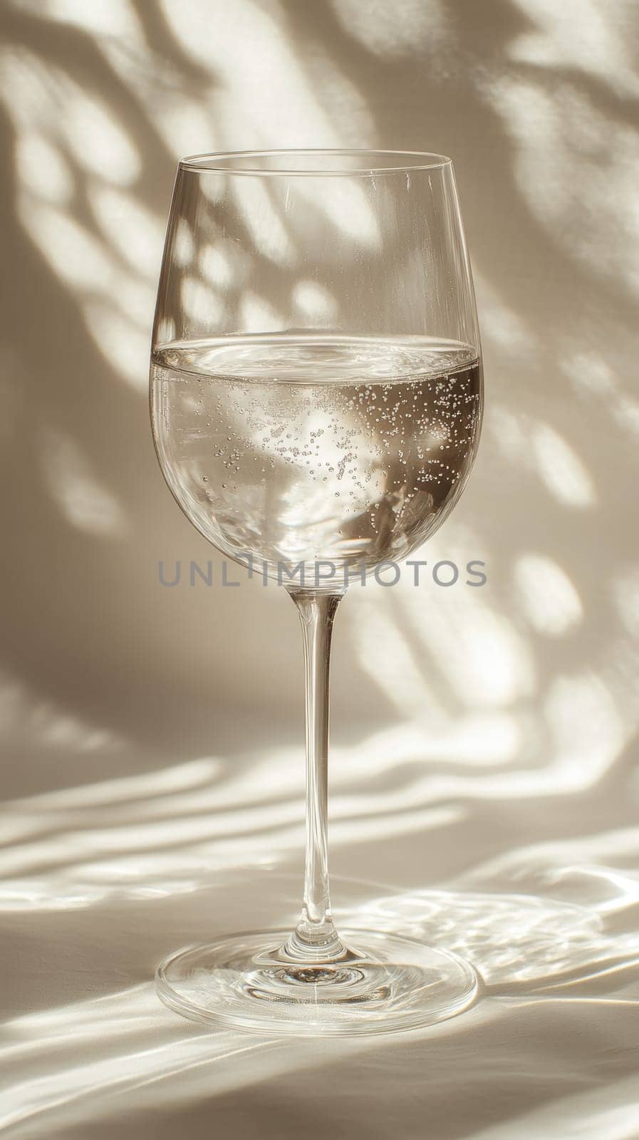 Glass of Cold Water with Sunny Shadows, Minimalistic Summer Beverage on Beige Background