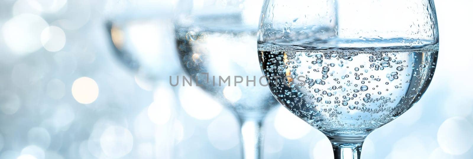 Refreshing Sparkling Water in Glasses Close-Up on Bubbles Against a Light, Airy Background