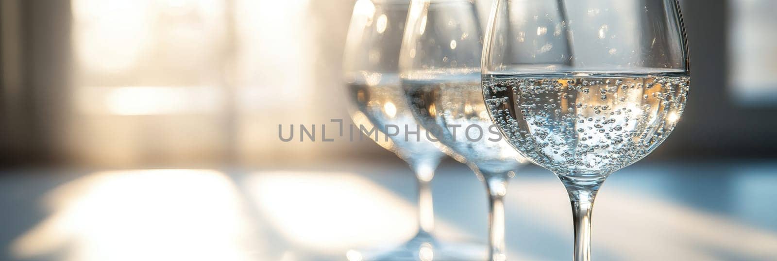 Three Clear Wine Glasses with Sparkling Water in the Sun Light with Copy Space, Stock Photo