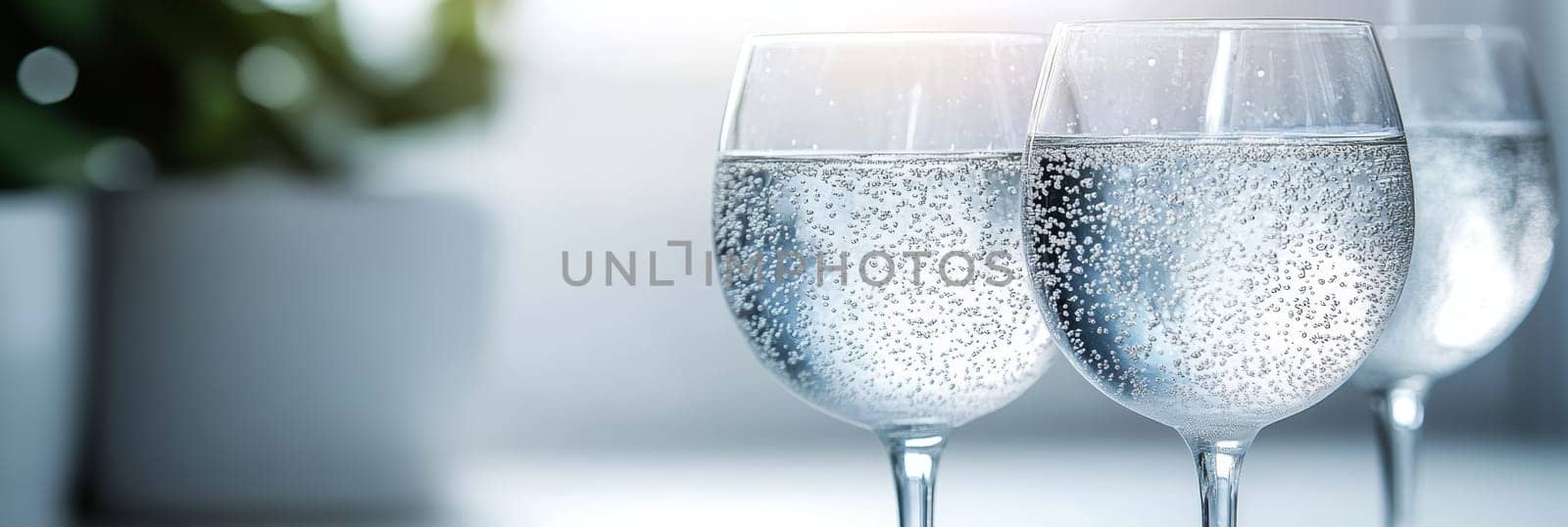 Refreshing Sparkling Water Poured in Three Wine Glasses Close-up on a Blurry Background.