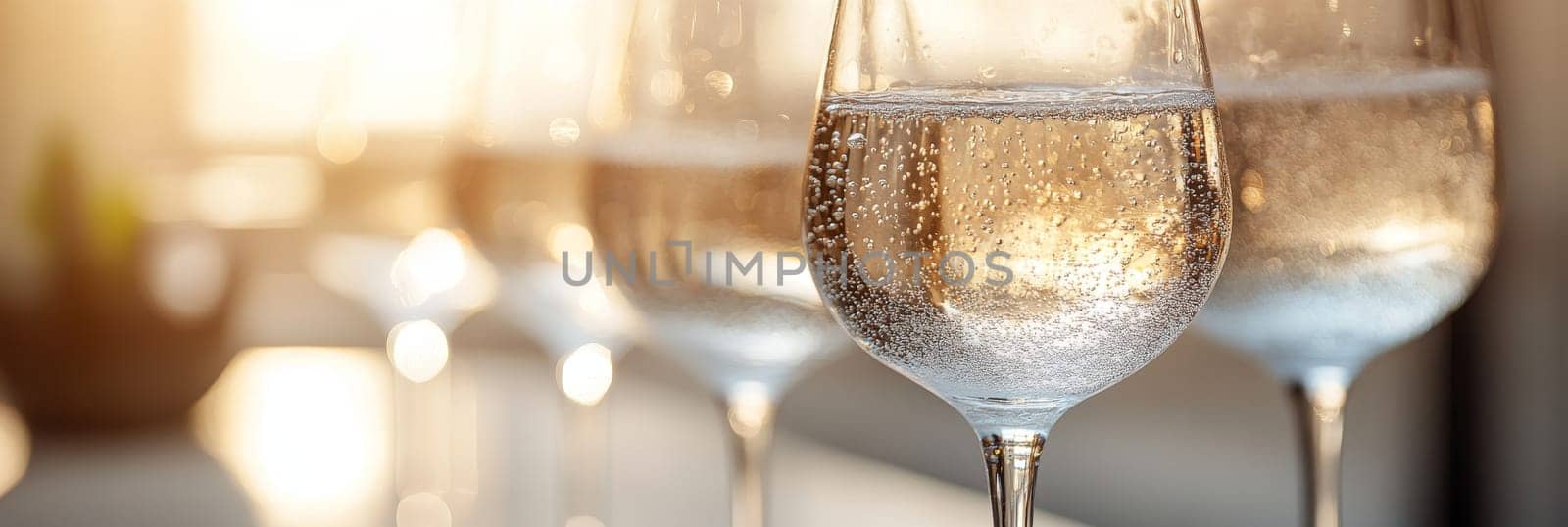Closeup of Sparkling Wine Glasses Filled with Bubbly, Glowing in the Warm Evening Sunlight