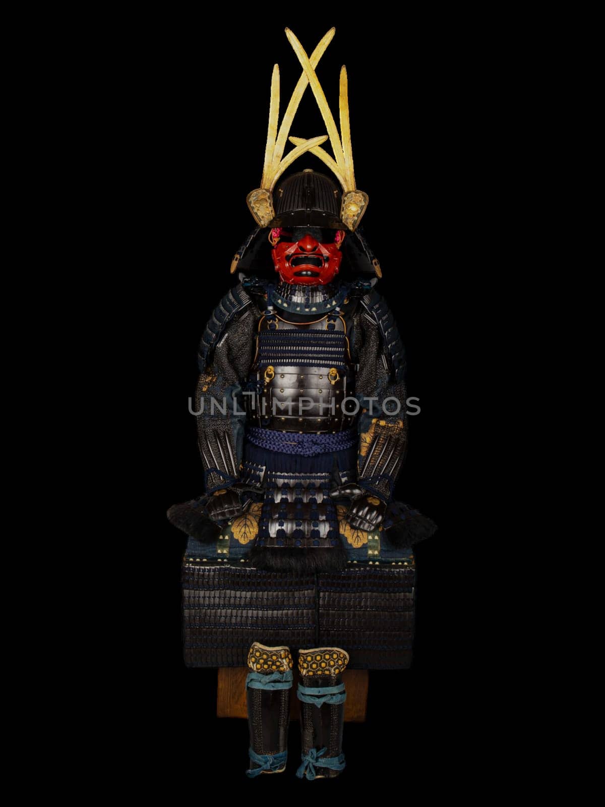 Antique Japanese Rokudo Gusoku Armor with Box from the late 17th century, featuring a helmet, chestplate, sleeves, thigh guards, and boots.