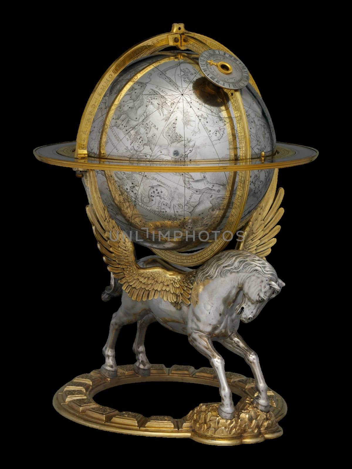 16th Century Celestial Globe with Clockwork by Gerhard Emmoser, featuring a silver globe supported by a horse on a decorative base.
