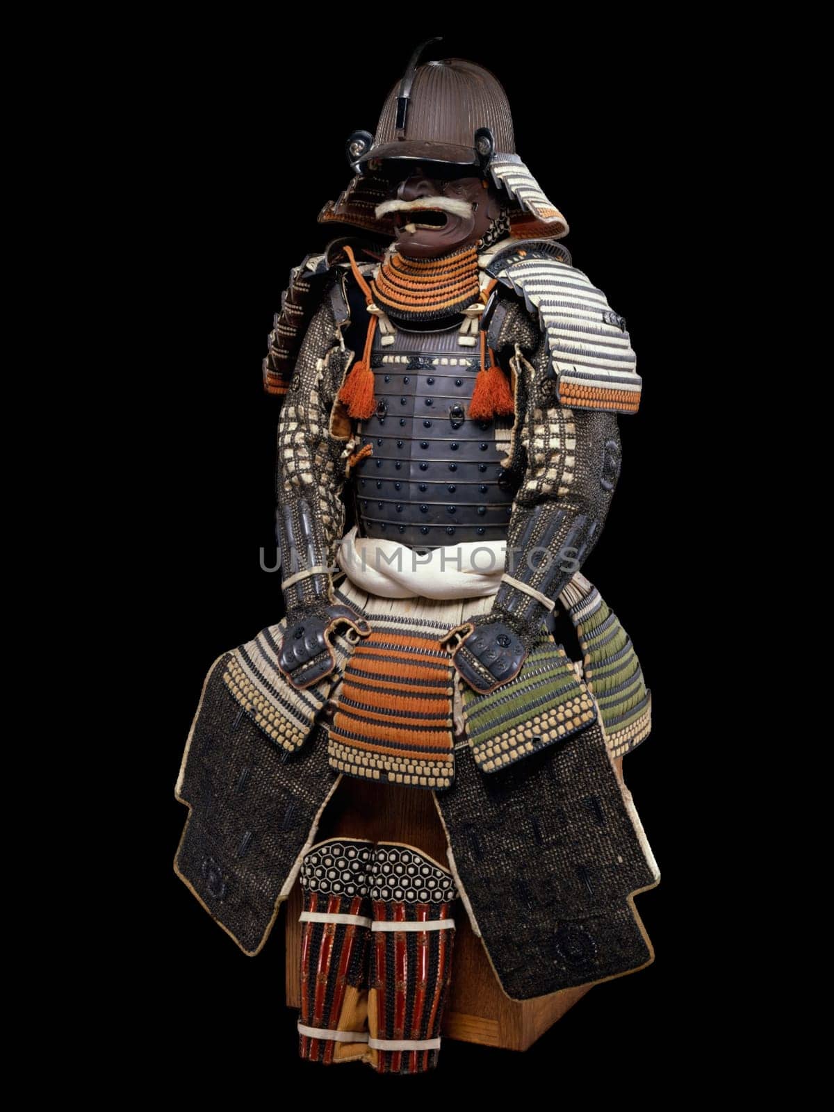 Antique Japanese Samurai Armor (Gusoku) from the 18th century by Bamen Tomotsugu, featuring a helmet, chestplate, sleeves, thigh guards, and boots.