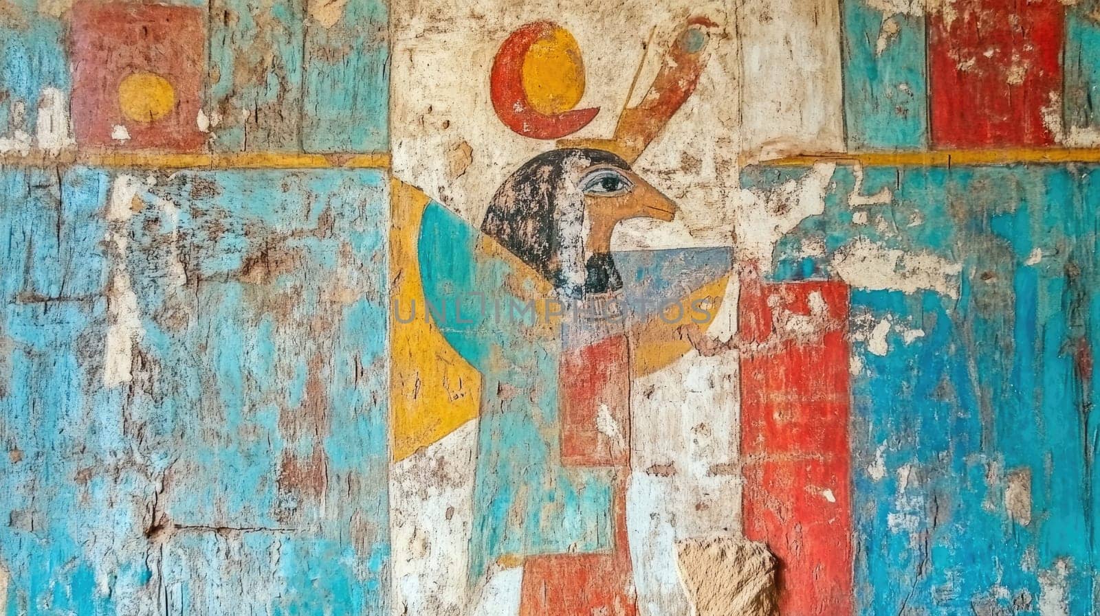 Egyptian wall painting: deity portrayal, sovereign likeness, royal symbolism, sacred fresco, ancient art, cultural depiction, divine representation, pharaoh illustration, historical mural