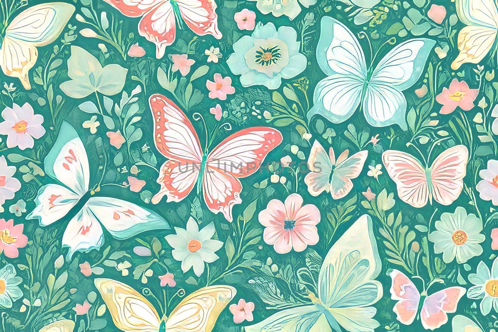 Whimsical butterflies dancing through garden of vivid flowers, capturing essence of spring and renewal, for childrens illustration, playful design, decoration, greeting card, floral design, print