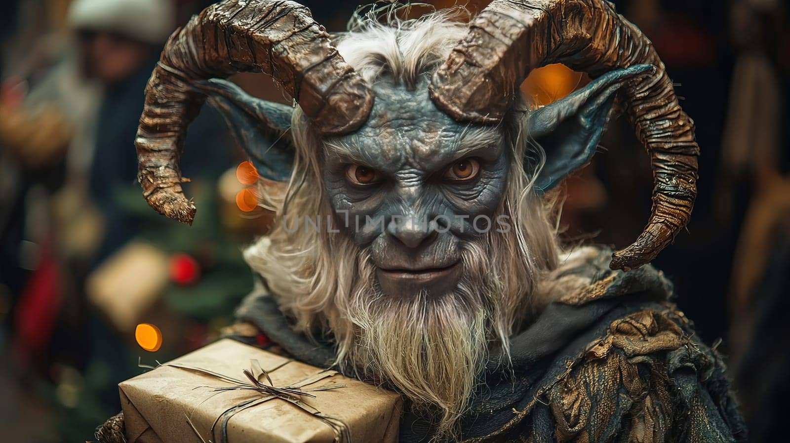 Portrait of the Christmas devil Krampus - Santa's scary helper, covered in black fur and with large goat horns. Generated with AI.