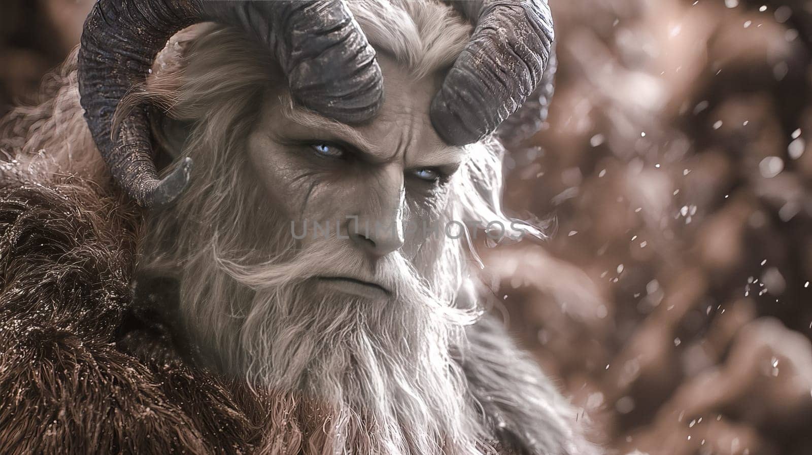 Portrait of the Christmas devil Krampus - Santa's scary helper, covered in black fur and with large goat horns. Generated with AI.