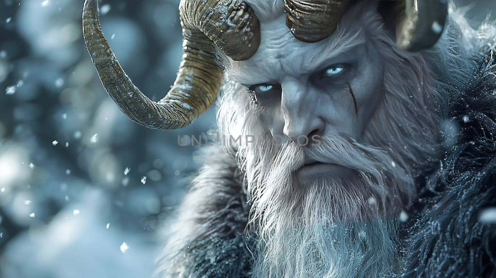 Portrait of the Christmas devil Krampus - Santa's scary helper, covered in black fur and with large goat horns. Generated with AI.