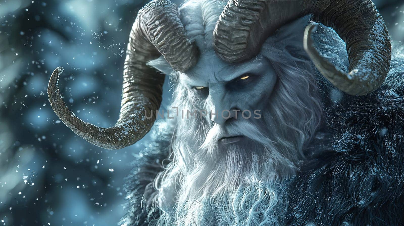 Portrait of the Christmas devil Krampus - Santa's scary helper, covered in black fur and with large goat horns. Generated with AI.