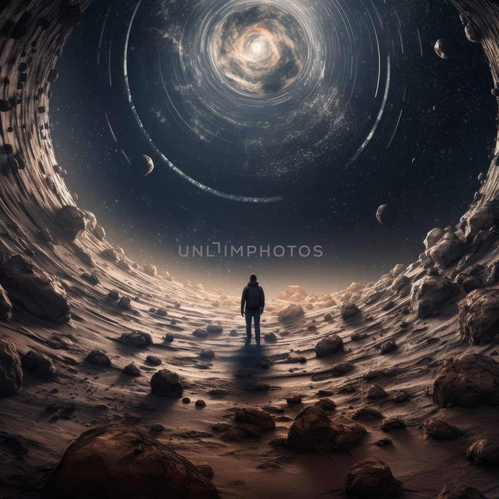 Astounding depiction of the universe with swirling galaxies and glowing planets. Individual stands on rocky surface, immersed in cosmic beauty, inspiring thoughts of adventure and the unknown