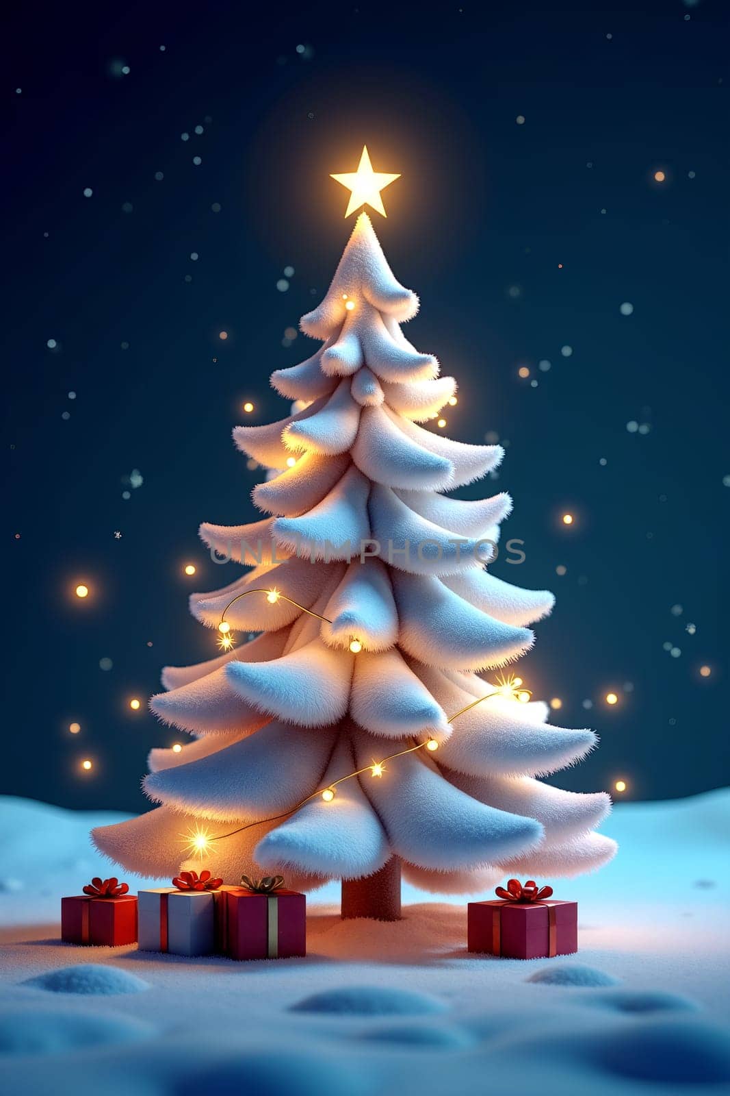 The snow-covered Christmas tree sparkles with lights and is surrounded by colorful gifts, creating a festive winter atmosphere at night - Generative AI