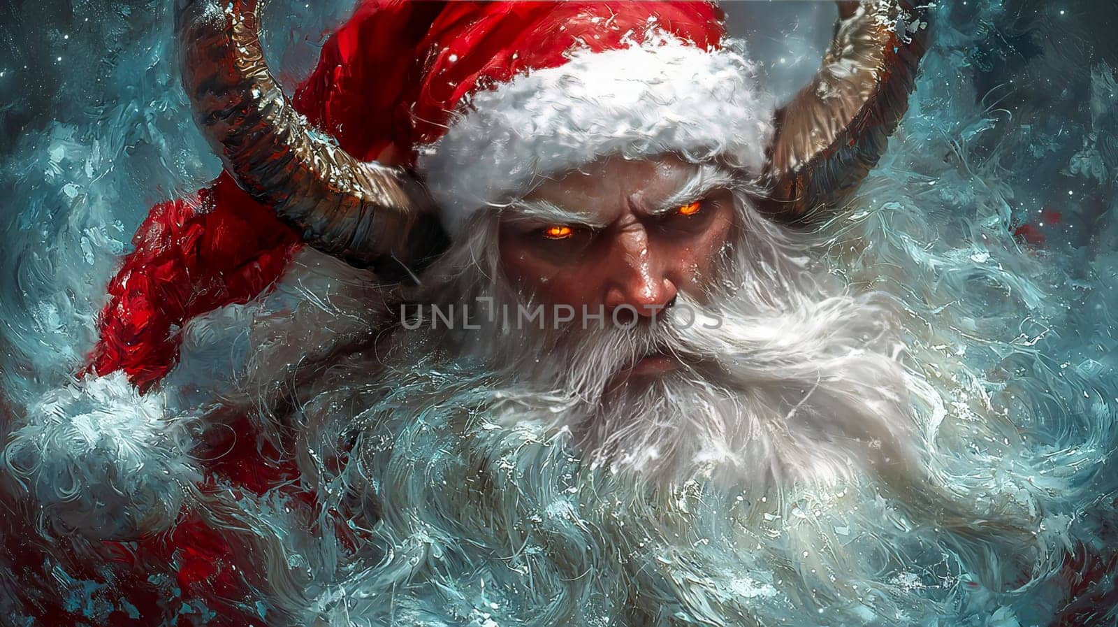 Portrait of the Christmas devil Krampus - Santa's scary helper, covered in black fur and with large goat horns. Generated with AI.