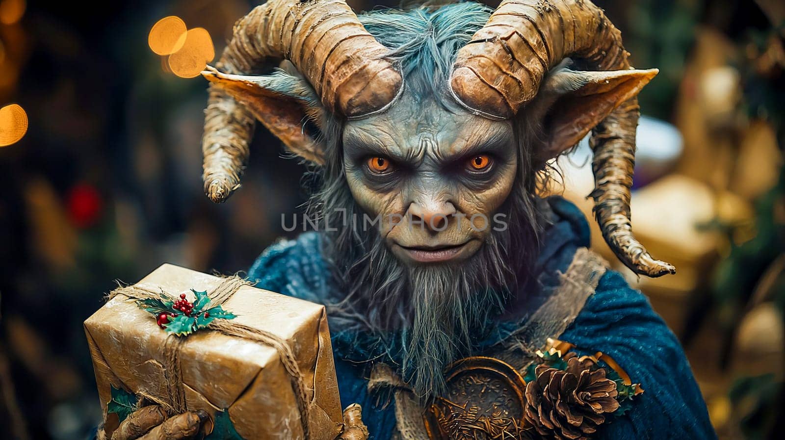 Portrait of the Christmas devil Krampus - Santa's scary helper, covered in black fur and with large goat horns. Generated with AI.