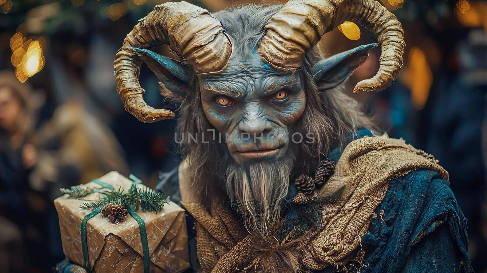 Portrait of the Christmas devil Krampus - Santa's scary helper, covered in black fur and with large goat horns. Generated with AI.