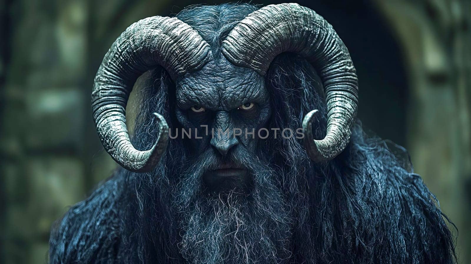 Portrait of the Christmas devil Krampus - Santa's scary helper, covered in black fur and with large goat horns. Generated with AI.