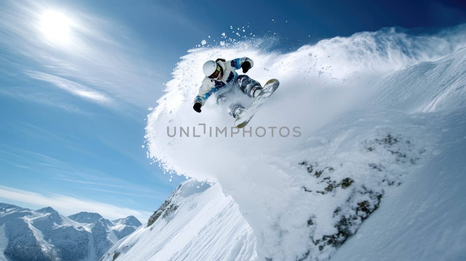 Winter thrill: snowboarder navigating snowy slopes of winter mountains, showcasing skill, adrenaline while enjoying breathtaking scenery and vibrant atmosphere of a snowy adventure