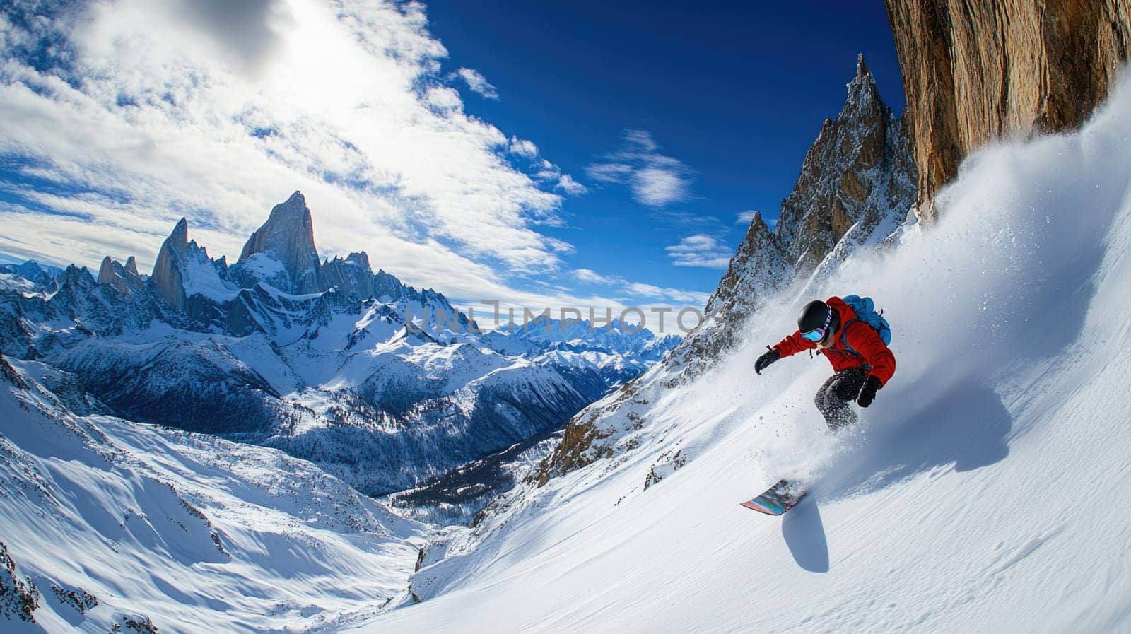 Mountain descent: snowboarder carving through fresh powder in winter mountains, capturing essence of outdoor sports and exhilaration of gliding down pristine slopes under sky