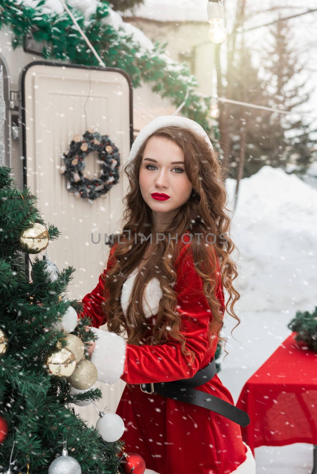 Young woman in santa costume decorates the Christmas tree at winter campsite getting ready for the new year. New year celebration concept