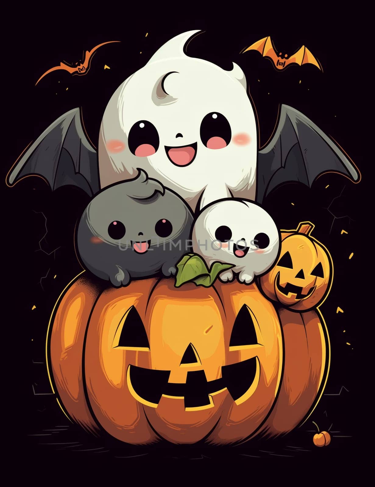 Cute cartoon children's illustration of a ghost with pumpkins. AI Generated