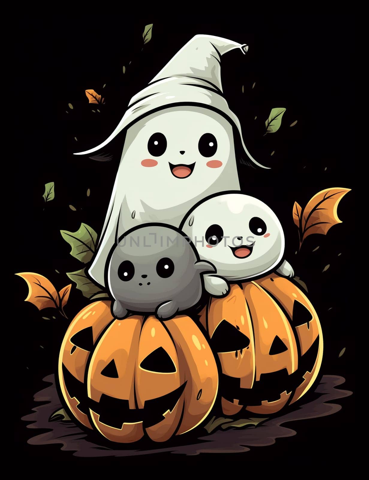 Cute cartoon children's illustration of a ghost with pumpkins. AI Generated