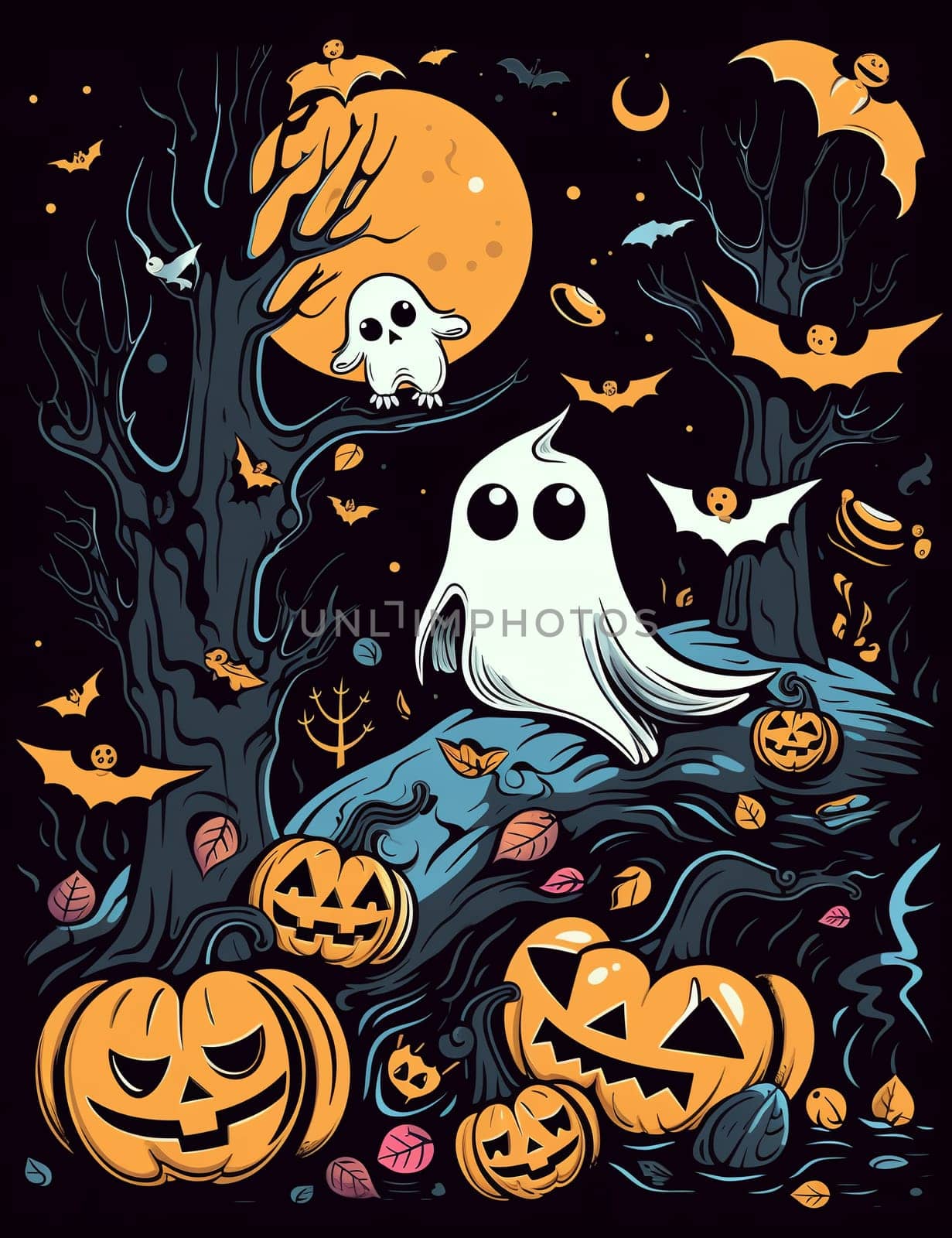 Halloween ghost with pumpkins.  by AndreyKENO